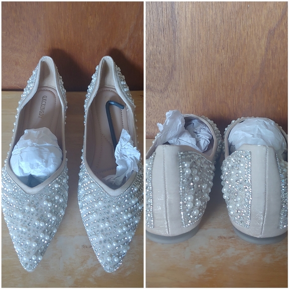 NIB Beige Rhinestone Pearl Jewels Gem Sparkly Pointed Party Flats Shoes 10.5 - Picture 7 of 17